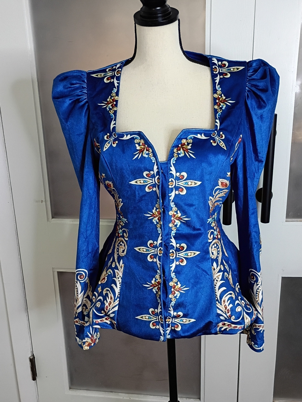 Royal Blue Velvet Button Front Renaissance Puff Sleeve Peplum Top W/ Pattern